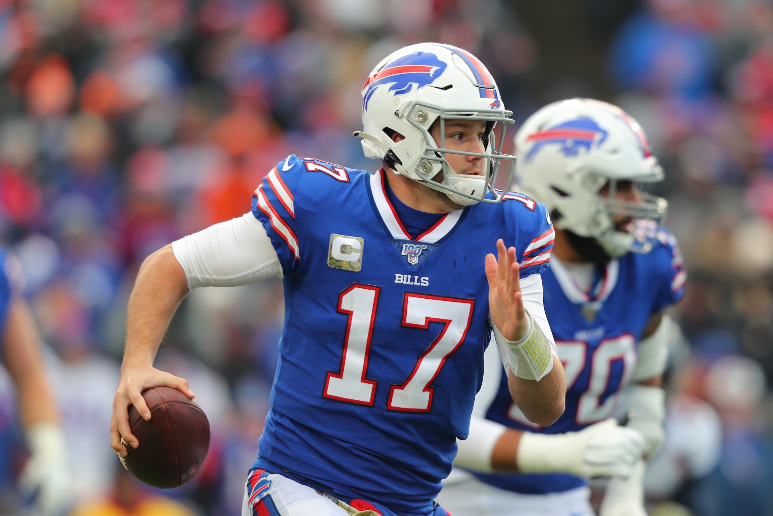 ORCHARD PARK, NY - NOVEMBER 24:  Josh Allen #17 of the Buffalo Bills runs the ball during the first half against the Denver Broncos at New Era Field on November 24, 2019 in Orchard Park, New York.  (Photo by Timothy T Ludwig/Getty Images)