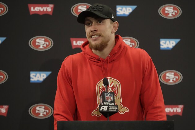 San Francisco 49ers tight end George Kittle speaks at a news conference after an NFL football game against the Green Bay Packers in Santa Clara, Calif., Sunday, Nov. 24, 2019. (AP Photo/Ben Margot)