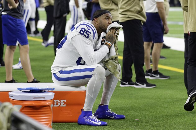 Indianapolis Colts tight end Eric Ebron (85) sits on the side lines during the final moments of the second half of an NFL football game against the Houston Texans Thursday, Nov. 21, 2019, in Houston. (AP Photo/Mike Marshall)