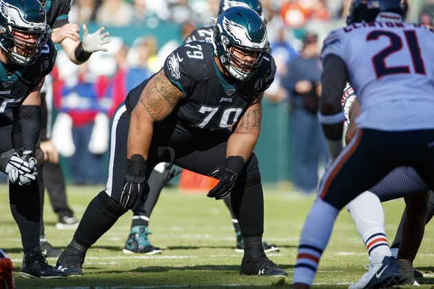 Philadelphia Eagles offensive guard Brandon Brooks (79) in action during the the NFL football game against the Chicago Bears, Sunday, Nov. 3, 2019, in Philadelphia. The Eagles won 22-14. (AP Photo/Chris Szagola)