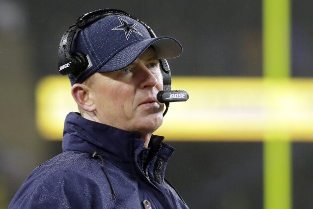 Dallas Cowboys head coach Jason Garrett watches from the sideline in the second half of an NFL football game against the New England Patriots, Sunday, Nov. 24, 2019, in Foxborough, Mass. (AP Photo/Steven Senne)
