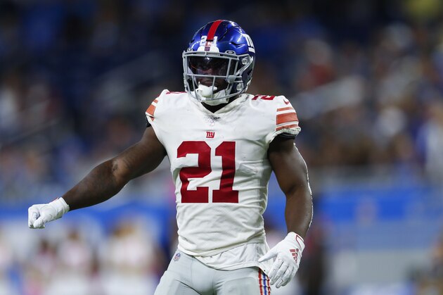 New York Giants free safety Jabrill Peppers plays against the Detroit Lions during an NFL football game in Detroit, Sunday, Oct. 27, 2019. (AP Photo/Paul Sancya)