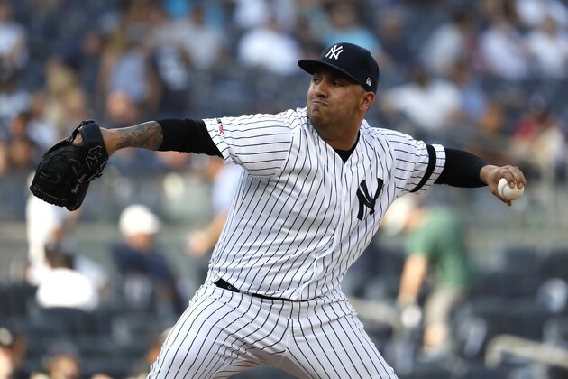 New York Yankees relief pitcher Nestor Cortes Jr. throws against the Toronto Blue Jays during the ninth inning of a baseball game, Sunday, Sept. 22, 2019, in New York. (AP Photo/Michael Owens)