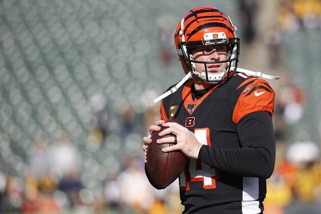 Cincinnati Bengals quarterback Andy Dalton practices before an NFL football game against the Pittsburgh Steelers, Sunday, Nov. 24, 2019, in Cincinnati. (AP Photo/Frank Victores)