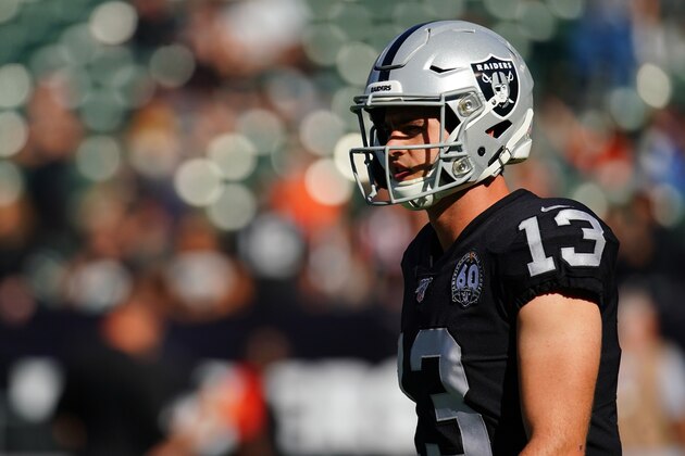 OAKLAND, CALIFORNIA - NOVEMBER 17: Hunter Renfrow #13 of the Oakland Raiders warms up prior to the game against the Cincinnati Bengals at RingCentral Coliseum on November 17, 2019 in Oakland, California. (Photo by Daniel Shirey/Getty Images)
