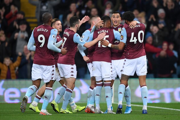 BIRMINGHAM, ENGLAND - NOVEMBER 25: Anwar El Ghazi (2ndR) of Aston Villa celebrates scoring the second Aston Villa goal with team mates during the Premier League match between Aston Villa and Newcastle United at Villa Park on November 25, 2019 in Birmingham, United Kingdom. (Photo by Stu Forster/Getty Images)