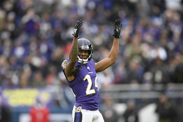 Baltimore Ravens cornerback Marcus Peters (24) gestures during the second half of an NFL football game against the Houston Texans, Sunday, Nov. 17, 2019, in Baltimore. (AP Photo/Nick Wass)