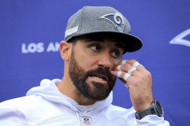 LA Rams Eric Weddle takes part in the press conference during the NFL training session at the Grove Hotel in Chandler's Cross, Watford, England, Friday, Oct. 25, 2019. The LA Rams are preparing for an NFL regular season game against the Cincinnati Bengals in London on Sunday. (AP Photo/Leila Coker)