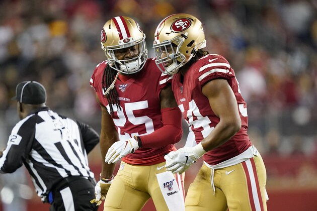 San Francisco 49ers cornerback Richard Sherman (25) and middle linebacker Fred Warner (54) against the Green Bay Packers during an NFL football game in Santa Clara, Calif., Sunday, Nov. 24, 2019. (AP Photo/Tony Avelar)