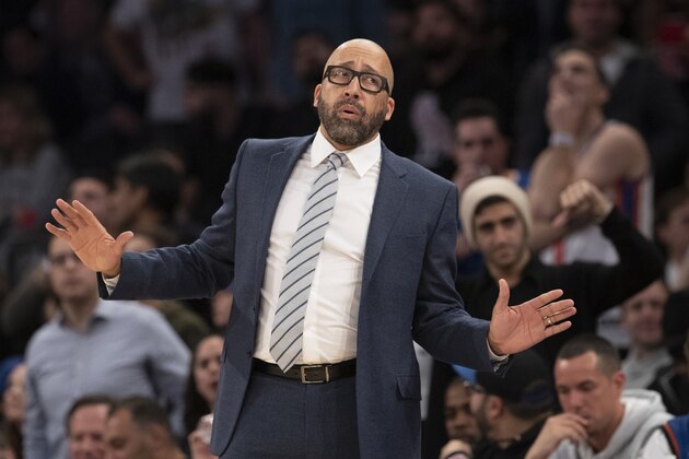 New York Knicks head coach David Fizdale reacts in the second half of an NBA basketball game against the San Antonio Spurs, Saturday, Nov. 23, 2019, at Madison Square Garden in New York. The Spurs won 111-104. (AP Photo/Mary Altaffer)