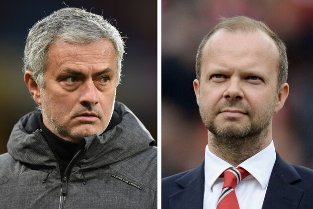 A combination of file pictures created in London on August 24, 2018 shows Manchester United's Portuguese manager Jose Mourinho (L) on the touchline ahead of the English FA Cup fifth round football match between Huddersfield Town and Manchester United at the John Smith's stadium in Huddersfield, northern England on February 17, 2018 and Manchester United's executive vice-chairman Ed Woodward (R) standing on the pitch before the start of the English Premier League football match between Manchester United and Everton at Old Trafford in Manchester, north west England, on April 3, 2016. - Jose Mourinho on on August 24, 2018 denied a rift with executive vice-chairman Ed Woodward despite growing speculation over the power structure at Manchester United. (Photo by OLI SCARFF / AFP)        (Photo credit should read OLI SCARFF/AFP via Getty Images)