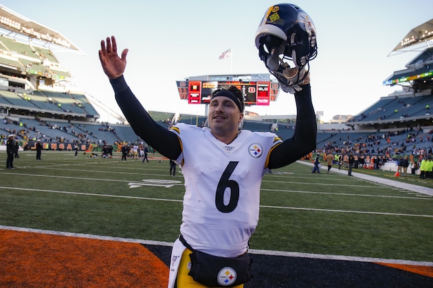 Pittsburgh Steelers quarterback Devlin Hodges reacts after winning an NFL football game against the Cincinnati Bengals, Sunday, Nov. 24, 2019, in Cincinnati. (AP Photo/Gary Landers)