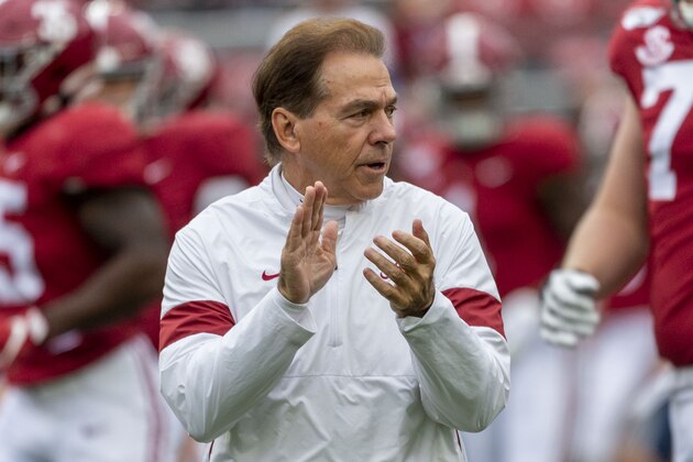 Alabama head coach Nick Saban cheers his team before an NCAA college football game against Western Carolina, Saturday, Nov. 23, 2019, in Tuscaloosa, Ala. (AP Photo/Vasha Hunt)