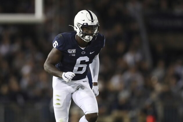 Penn State wide receiver Justin Shorter (6) runs up the field during an NCAA college football game against Buffalo, Saturday, Sept. 7, 2019, in University Park, Pa. Penn State won 45-13. (AP Photo/Steve Luciano)