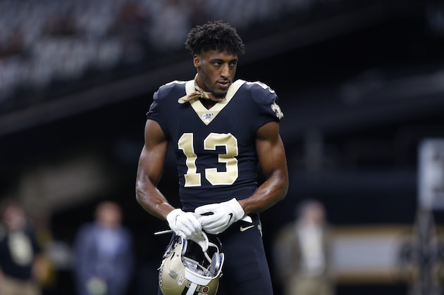 New Orleans Saints wide receiver Michael Thomas (13) warms up before an NFL football game against the Atlanta Falcons in New Orleans, Sunday, Nov. 10, 2019. (AP Photo/Butch Dill)
