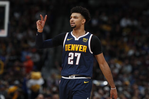 Denver Nuggets guard Jamal Murray (27) in the second half of an NBA basketball game Sunday, Nov. 24, 2019, in Denver. The Nuggets won 116-104. (AP Photo/David Zalubowski)