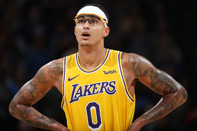 OKLAHOMA CITY, OK - NOVEMBER 22: Kyle Kuzma #0 of the Los Angeles Lakers looks on during a game against the Oklahoma City Thunder on November 22, 2019 at Chesapeake Energy Arena in Oklahoma City, Oklahoma. NOTE TO USER: User expressly acknowledges and agrees that, by downloading and or using this photograph, User is consenting to the terms and conditions of the Getty Images License Agreement. Mandatory Copyright Notice: Copyright 2019 NBAE (Photo by Joe Murphy/NBAE via Getty Images)