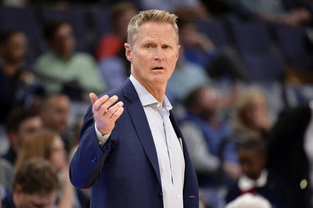 Golden State Warriors coach Steve Kerr reacts to a referee's call during the first half of the team's NBA basketball game against the Memphis Grizzlies on Tuesday, Nov. 19, 2019, in Memphis, Tenn. (AP Photo/Brandon Dill)