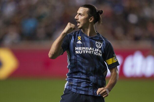 SANDY, UT - SEPTEMBER 25 :  Zlatan Ibrahimovic #9 of the LA Galaxy celebrates scoring a goal against Real Salt Lake during their game at Rio Tinto Stadium September 25, 2019 in Sandy, Utah. (Photo by Chris Gardner/Getty Images)