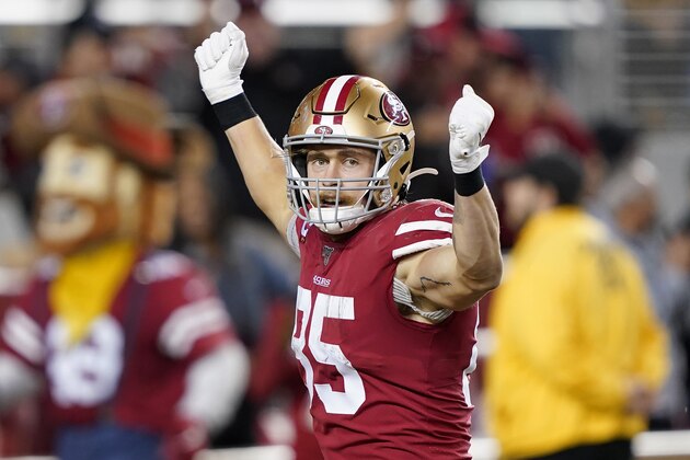 San Francisco 49ers tight end George Kittle (85) celebrates after scoring against the Green Bay Packers during the second half of an NFL football game in Santa Clara, Calif., Sunday, Nov. 24, 2019. (AP Photo/Tony Avelar)