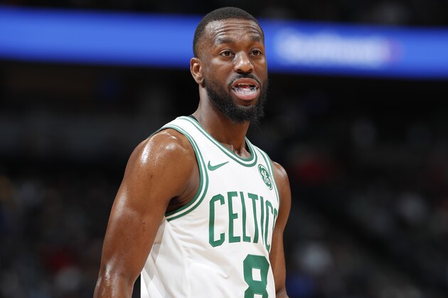 Boston Celtics guard Kemba Walker (8) in the first half of an NBA basketball game Friday, Nov. 22, 2019, in Denver. (AP Photo/David Zalubowski)