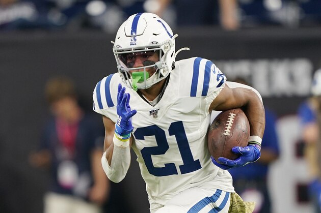 Indianapolis Colts running back Nyheim Hines (21) before an NFL football game against the Houston Texans Thursday, Nov. 21, 2019, in Houston. (AP Photo/David J. Phillip)