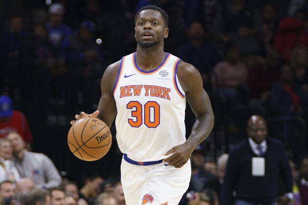 New York Knicks' Julius Randle in action during the first half of an NBA basketball game against the Philadelphia 76ers, Wednesday, Nov. 20, 2019, in Philadelphia. The 76ers won 109-104. (AP Photo/Chris Szagola)