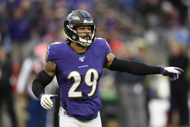 Baltimore Ravens free safety Earl Thomas (29) gestures during the second half of an NFL football game against the Houston Texans, Sunday, Nov. 17, 2019, in Baltimore. (AP Photo/Nick Wass)