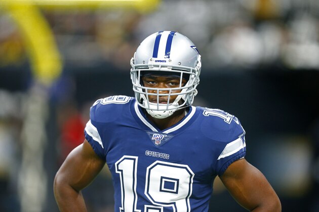 Dallas Cowboys wide receiver Amari Cooper (19) warms up before an NFL football game against the New Orleans Saints in New Orleans, Sunday, Sept. 29, 2019. (AP Photo/Butch Dill)