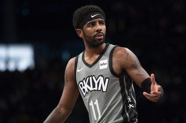 Brooklyn Nets guard Kyrie Irving reacts to a call during the second half of an NBA basketball game against the New Orleans Pelicans, Monday, Nov. 4, 2019, in New York. The Nets won 125-135. (AP Photo/Mary Altaffer)
