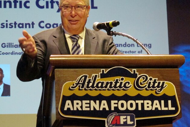 Former Philadelphia Eagles quarterback Ron Jaworski, now part of an ownership group in the Arena Football League, speaking at a news conference Thursday, Feb. 21, 2019, in Atlantic City, N.J., about the new expansion team that will play there beginning in April. The Arena League and the Alliance of American Football are among football leagues drawing action from sports bettors this year. (AP Photo/Wayne Parry)