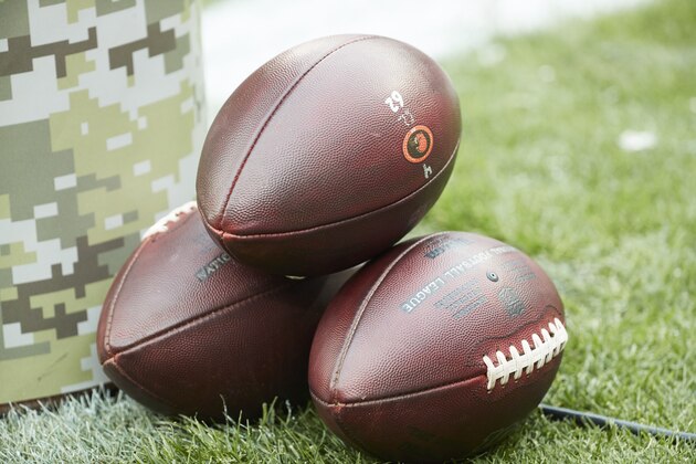 Cleveland Browns footballs on the field against Buffalo Bills during an NFL game on Sunday, Nov. 10, 2019 in Cleveland, O.H. (AP Photo/Rick Osentoski)