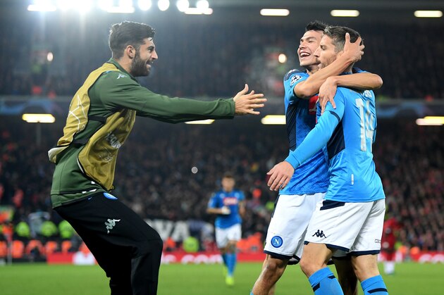 LIVERPOOL, ENGLAND - NOVEMBER 27: Dries Mertens of Napoli celebrates with teammates after scoring his team's first goal during the UEFA Champions League group E match between Liverpool FC and SSC Napoli at Anfield on November 27, 2019 in Liverpool, United Kingdom. (Photo by Michael Regan/Getty Images)