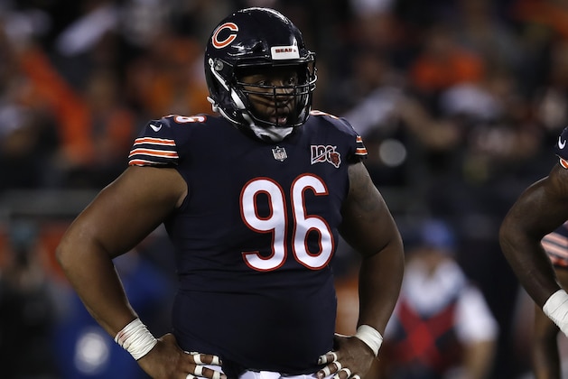 Chicago Bears defensive tackle Akiem Hicks (96) lines up against the Green Bay Packers during an NFL football game, Thursday, Sept. 5, 2019, in Chicago. Green Bay won the game 10-3. (Jeff Haynes/AP Images for Panini)