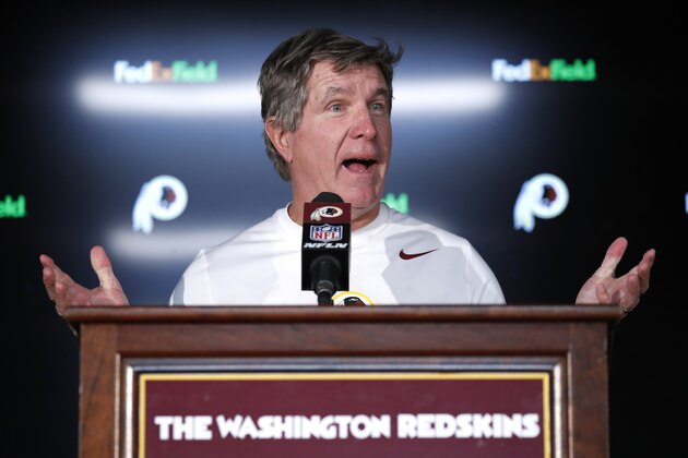 Washington Redskins head coach Bill Callahan talks to reporters after an NFL football game against the Detroit Lions, Sunday, Nov. 24, 2019, in Landover, Md. The Redskins won 19-16. (AP Photo/Alex Brandon)