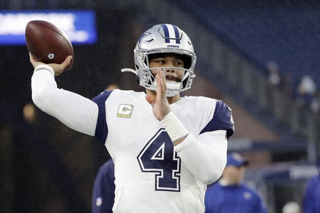 Dallas Cowboys quarterback Dak Prescott warms up before an NFL football game against the New England Patriots, Sunday, Nov. 24, 2019, in Foxborough, Mass. (AP Photo/Steven Senne)