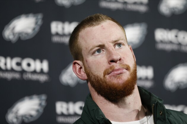 Philadelphia Eagles' Carson Wentz speaks during a news conference after an NFL football game against the Seattle Seahawks, Sunday, Nov. 24, 2019, in Philadelphia. (AP Photo/Michael Perez)
