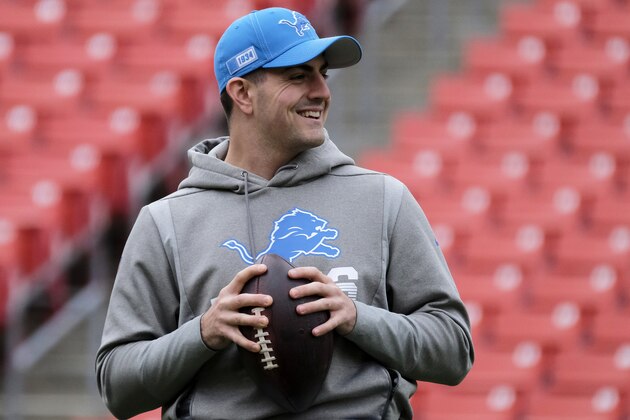Detroit Lions quarterback David Blough warms up prior to an NFL football game between the Detroit Lions and Washington Redskins, Sunday, Nov. 24, 2019, in Landover, Md. (AP Photo/Mark Tenally)