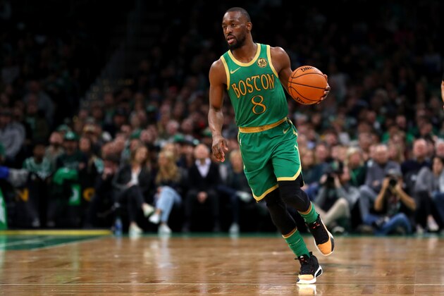 BOSTON, MASSACHUSETTS - NOVEMBER 27: Kemba Walker #8 of the Boston Celtics dribbles during the first half of the game against the Brooklyn Nets at TD Garden on November 27, 2019 in Boston, Massachusetts. (Photo by Maddie Meyer/Getty Images)