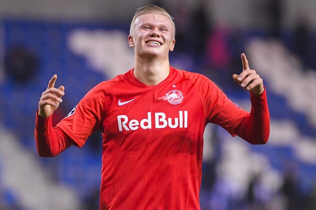 Salzburg's Erling Braut Haaland celebrates after winning the game between Belgian soccer team KRC Genk and Austrian club RB Salzburg, Wednesday 27 November 2019 in Genk, on the fifth day of the group stage of the UEFA Champions League, in the group E. BELGA PHOTO LAURIE DIEFFEMBACQ (Photo by LAURIE DIEFFEMBACQ/BELGA MAG/AFP via Getty Images)