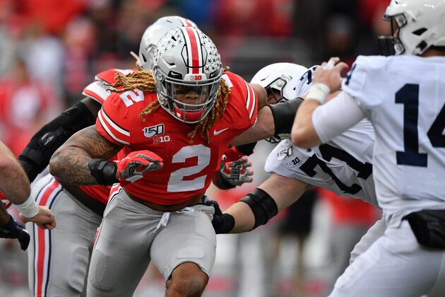 COLUMBUS, OH - NOVEMBER 23:  Chase Young #2 of the Ohio State Buckeyes chases down the ballcarrier against the Penn State Nittany Lions at Ohio Stadium on November 23, 2019 in Columbus, Ohio.  (Photo by Jamie Sabau/Getty Images)