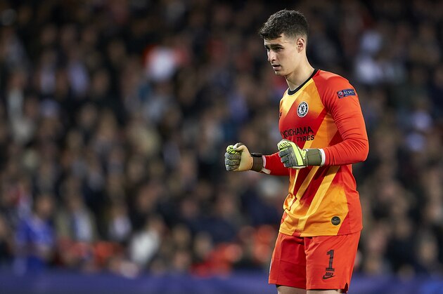 VALENCIA, SPAIN - NOVEMBER 27: Kepa Arrizabalaga of Chelsea celebrates after the second goal of his team scored by Christian Pulisic (not in frame) during the UEFA Champions League group H match between Valencia CF and Chelsea FC at Estadio Mestalla on November 27, 2019 in Valencia, Spain. (Photo by Manuel Queimadelos Alonso/Getty Images)