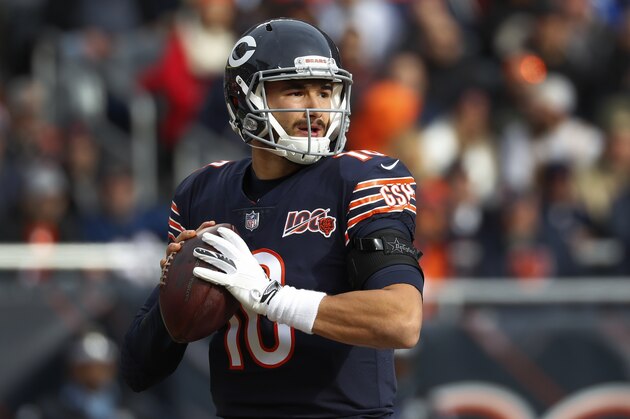 Chicago Bears quarterback Mitchell Trubisky throws against the New York Giants during the first half of an NFL football game in Chicago, Sunday, Nov. 24, 2019. (AP Photo/Paul Sancya)