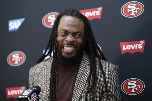 San Francisco 49ers cornerback Richard Sherman speaks at a news conference after an NFL football game against the Washington Redskins, Sunday, Oct. 20, 2019, in Landover, Md. (AP Photo/Alex Brandon)