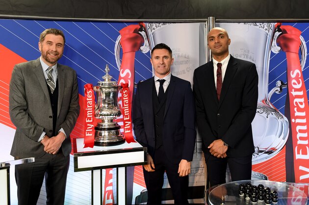 WOLVERHAMPTON, ENGLAND - JANUARY 07:  Mark Chapman of the BBC, Robbie Keane and Carl Ikeme both former player of Wolverhampton Wanderers attend the FA Cup Fourth Round Draw at Molineux during the Emirates FA Cup Third Round match between Wolverhampton Wanderers and Liverpool at Molineux on January 7, 2019 in Wolverhampton, United Kingdom. (Photo by Sam Bagnall - AMA/Getty Images)