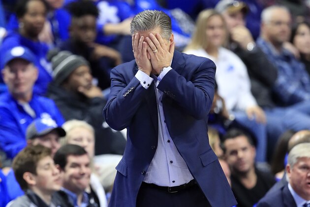 LEXINGTON, KENTUCKY - NOVEMBER 12:   John Calipari the head coach of the Kentucky Wildcats reacts to a mistake by his team in the first half of the 67-64 loss to the Evansville Aces at Rupp Arena on November 12, 2019 in Lexington, Kentucky. (Photo by Andy Lyons/Getty Images)
