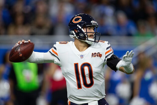 DETROIT, MI - NOVEMBER 28: Mitchell Trubisky #10 of the Chicago Bears drops back to pass during the second quarter of the game against the Detroit Lions at Ford Field on November 28, 2019 in Detroit, Michigan. (Photo by Leon Halip/Getty Images)