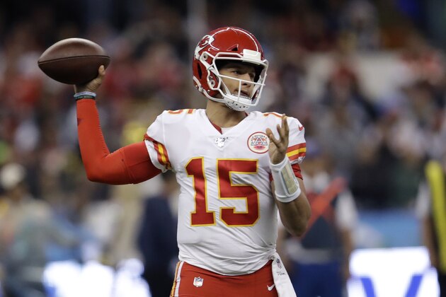 Kansas City Chiefs quarterback Patrick Mahomes throws a pass during the first half of an NFL football game against the Los Angeles Chargers, Monday, Nov. 18, 2019, in Mexico City. (AP Photo/Marcio Jose Sanchez)