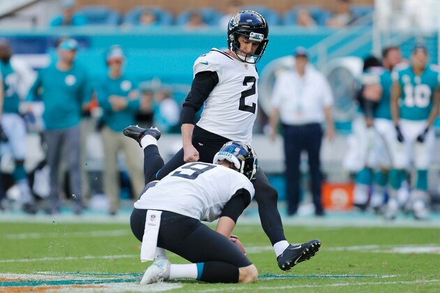 MIAMI, FL - DECEMBER 23:  Kai Forbath #2 of the Jacksonville Jaguars kicks a field goal against the Miami Dolphins at Hard Rock Stadium on December 23, 2018 in Miami, Florida.  (Photo by Michael Reaves/Getty Images)