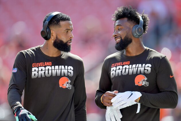 CLEVELAND, OHIO - SEPTEMBER 08: Wide receivers wide receiver Odell Beckham #13 and Jarvis Landry #80 of the Cleveland Browns talk during warmups prior to the game against the Tennessee Titans at FirstEnergy Stadium on September 08, 2019 in Cleveland, Ohio. (Photo by Jason Miller/Getty Images)